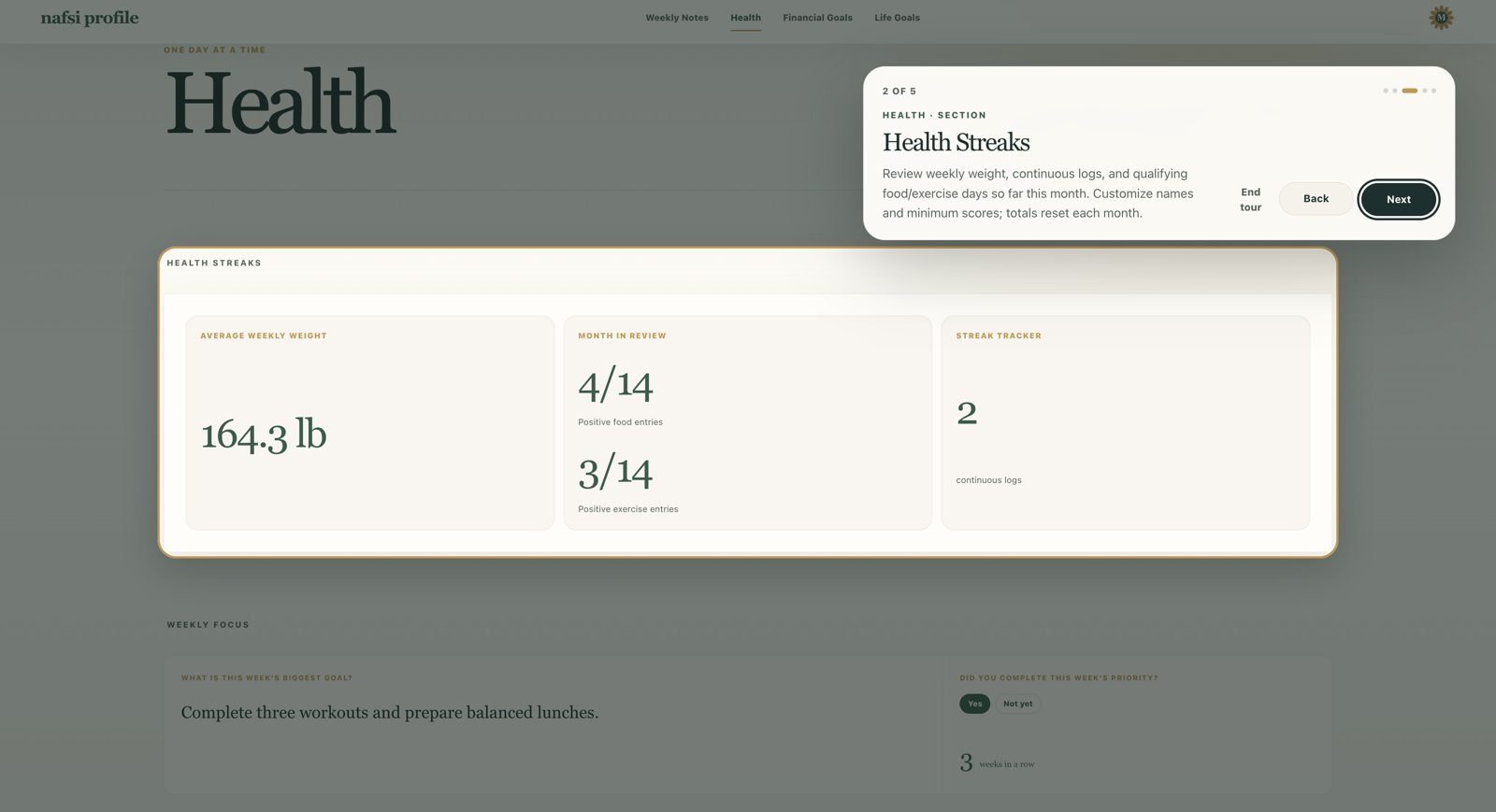 Health page showing average weekly weight, month in review, and streaks