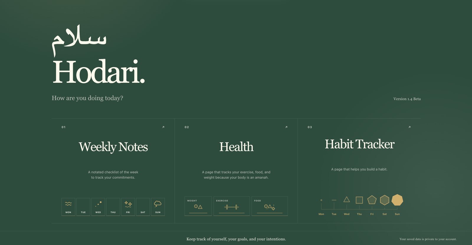 Nafsi Profile home screen with Weekly Notes, Health, and Habit Tracker cards
