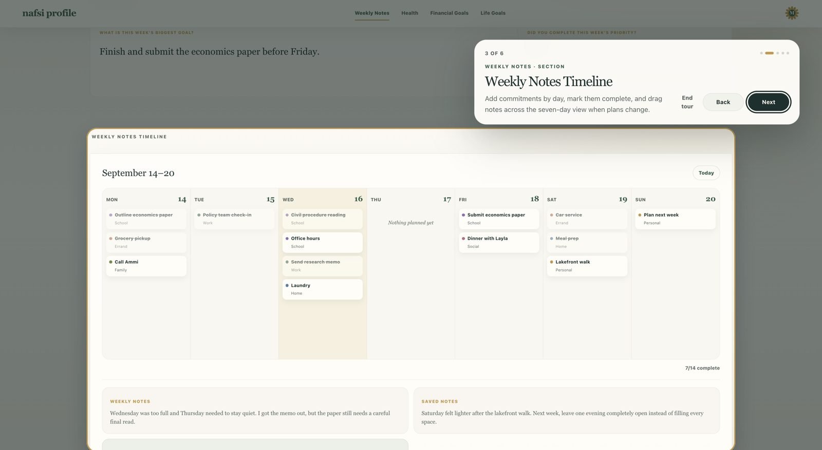 Weekly Notes timeline showing a seven-day view of commitments